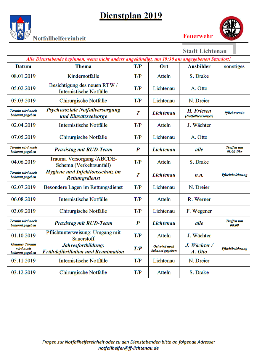 Dienstplan NFH 2019