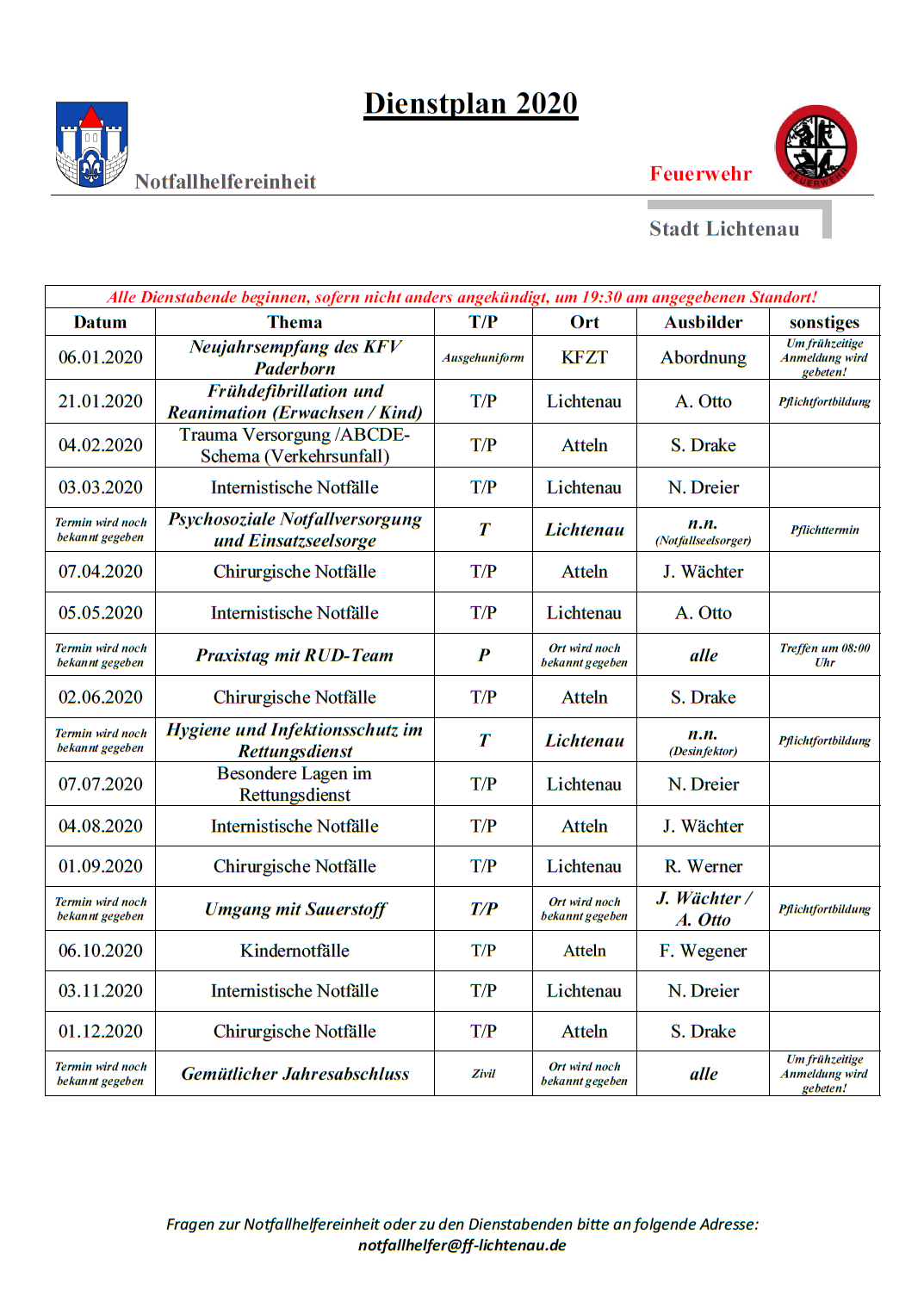 2020 Dienstplan NFH